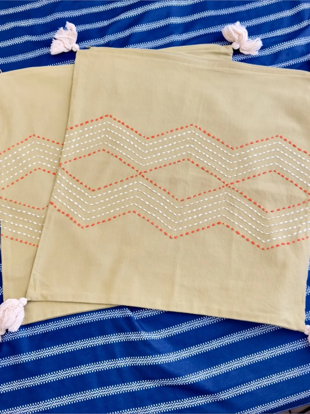 IKEA Green with Tassle and Embroidered Pattern Cushion Cover Set